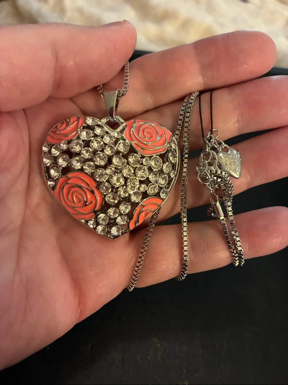 Coral Rose Crystal Heart Pendant Necklace
